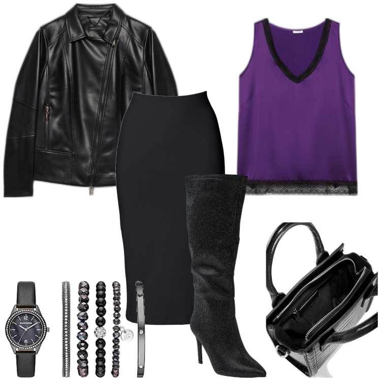 Outfit donna - Serate glamour. Stile Chic per Serata fuori. Abbinamento con gonne longuette, borse a mano, stivali sopra il ginocchio, top, orologi, cappotti.