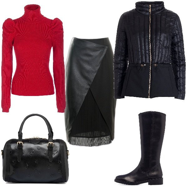 Outfit donna - Pullover rosso. Stile Trendy per Tutti i giorni. Abbinamento con gonne lunghe, piumini, maglieria, stivali sopra il ginocchio, borse a mano.