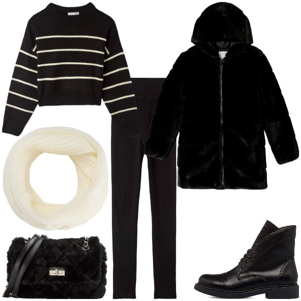 Outfit donna - PittaRosso black and white. Stile Minimal per Tutti i giorni. Abbinamento con maglieria, leggings, borse a spalla, ecopellicce, scaldacollo, stivaletti.
