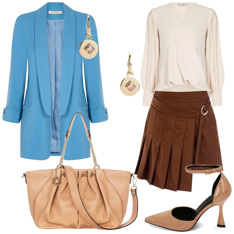 Outfit donna - Rinascimento chic. Stile Chic per Serata fuori. Abbinamento con minigonne, cappotti, bluse, borse a spalla, décolleté, orecchini.