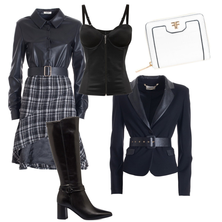 Outfit donna - Pelle black. Stile Glamour per Serata fuori. Abbinamento con body, vestiti asimmetrici, blazer, portafogli, stivali sopra il ginocchio.