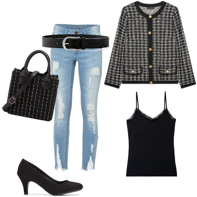 Outfit donna - Total look #1771681. Stile Sporty chic per Serata fuori. Abbinamento con cinture, décolleté, jeans strappati, canottiere, shopping bag, cappotti.