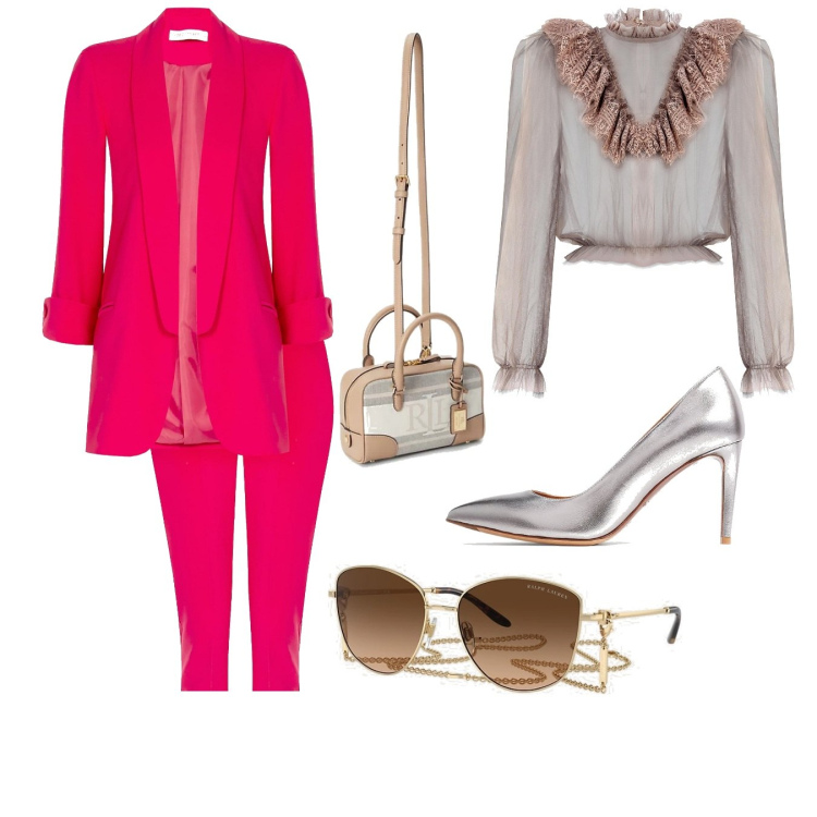 Outfit donna - Cerimonia rinascimento. Stile Chic per Cerimonia. Abbinamento con pantaloni, bluse, décolleté, occhiali da sole, borse a mano.