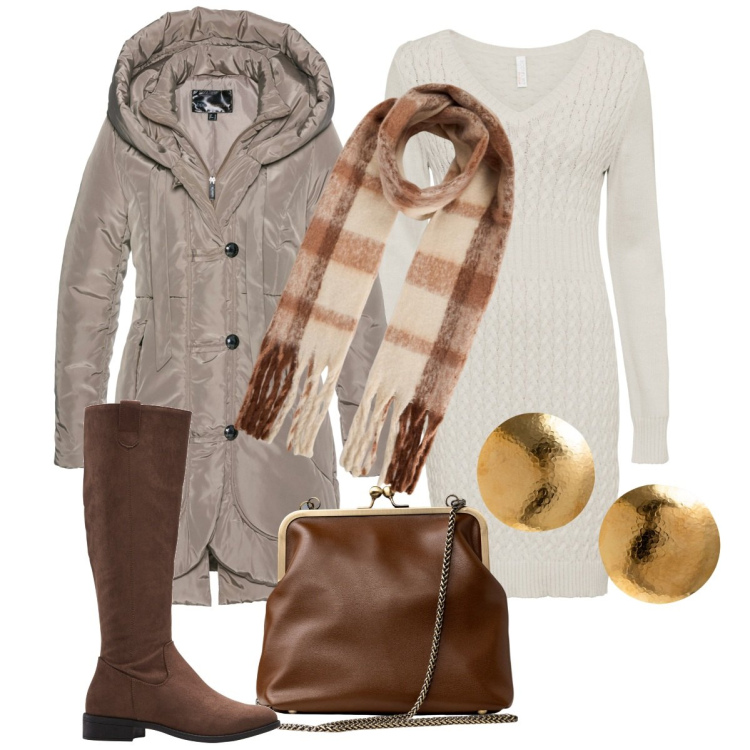 Outfit donna - Sofia. Stile Casual per Tutti i giorni. Abbinamento con blazer, stivali, vestiti, sciarpe, clutch, orecchini.