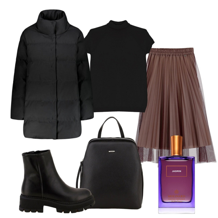 Outfit donna - Emma. Stile Casual per Tutti i giorni. Abbinamento con profumi, stivaletti, maglieria, zaini, gonne longuette, piumini.