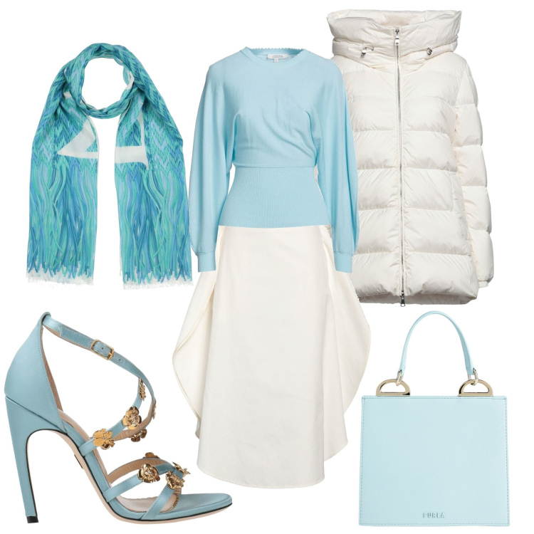 Outfit donna - Revivre. Stile Glamour per Serata fuori. Abbinamento con piumini, gonne longuette, pullovers, borse a mano, sandali in pelle, sciarpe.