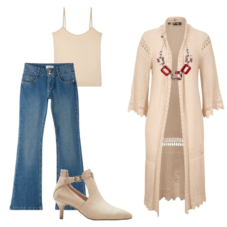 Outfit donna - Total look #1771705. Stile Boho per Tutti i giorni. Abbinamento con cardigans, stivaletti, jeans a zampa, top, collane.
