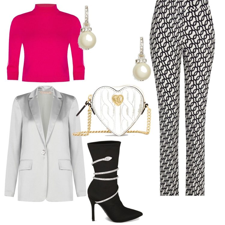Outfit donna - Rinascimento trendy. Stile Trendy per Serata fuori. Abbinamento con pantaloni, maglieria, blazer, stivaletti, orecchini, pochette.