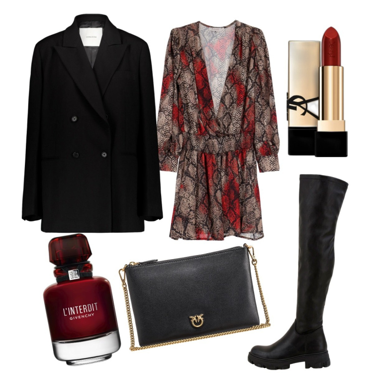 Outfit donna - A lume di candela. Stile Chic per Serata fuori. Abbinamento con profumi, rossetti, borse a tracolla, vestiti corti, stivali, blazer.