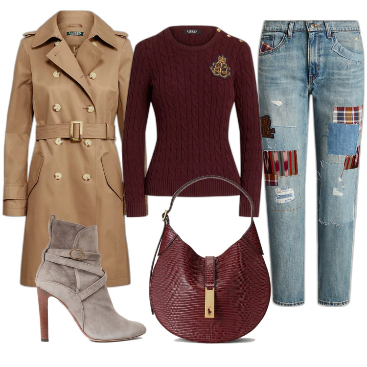 Outfit donna - Total look #1771729. Stile Casual chic per Tutti i giorni. Abbinamento con trench, stivaletti, borse a spalla, maglieria, jeans.