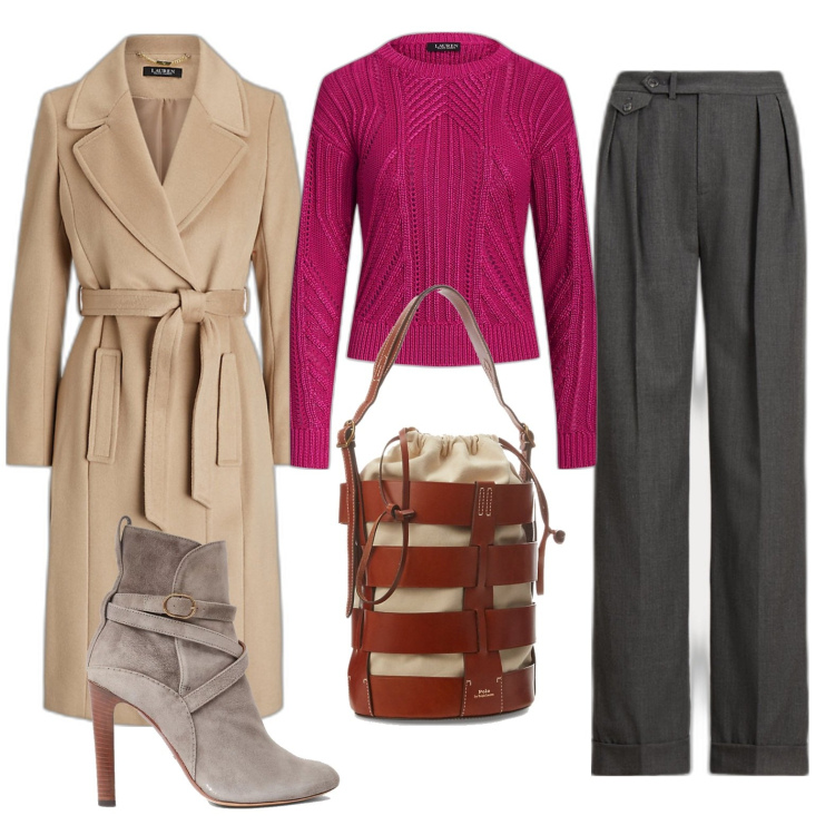 Outfit donna - Total look #1771737. Stile Chic per Ufficio. Abbinamento con maglieria, cappotti, stivaletti, pantaloni, borse a secchiello.