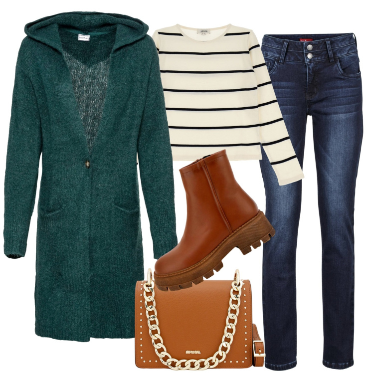 Outfit donna - City. Stile Casual chic per Tutti i giorni. Abbinamento con jeans, cardigans, stivaletti, pochette, maglieria.