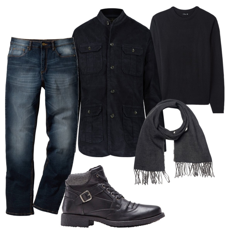 Outfit uomo - Total look #1771831. Stile Casual per Tutti i giorni. Abbinamento con jeans dritti, stivali e stivaletti, maglieria, giacche, sciarpe.