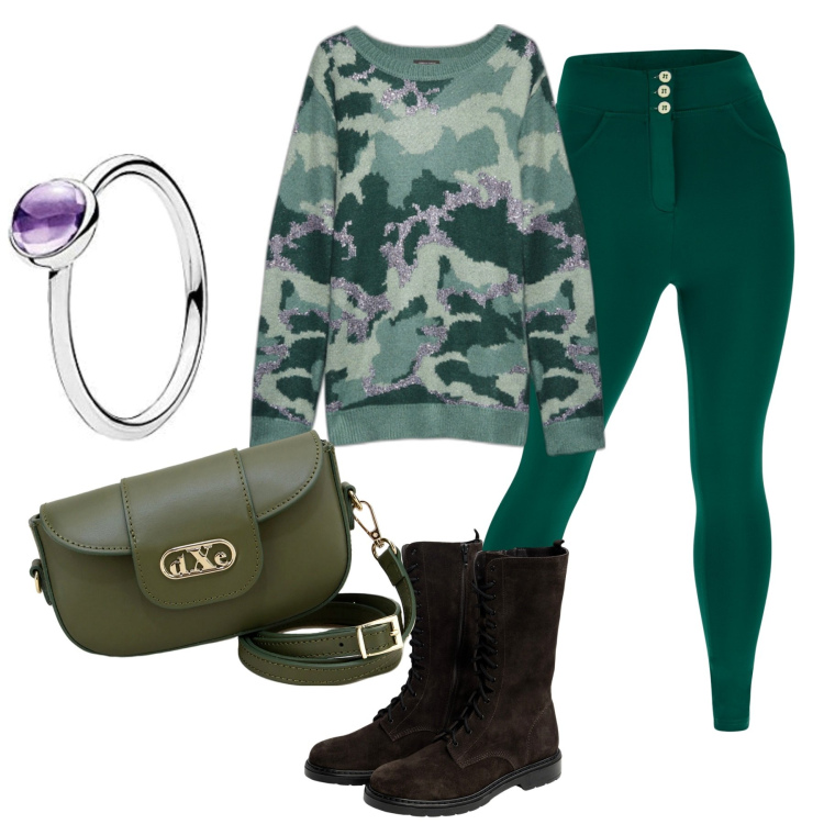 Outfit donna - In città. Stile Sporty chic per Tutti i giorni. Abbinamento con pantaloni skinny, pochette, maglieria, anelli, stivaletti.