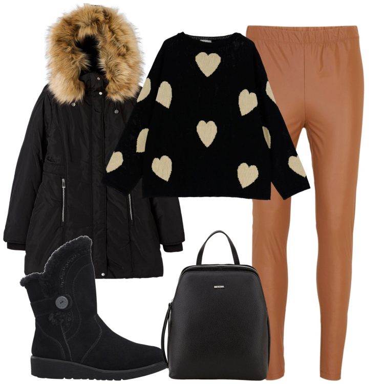 Outfit donna - City. Stile Basic per Tutti i giorni. Abbinamento con stivali, treggings, parka, zaini, pullovers.