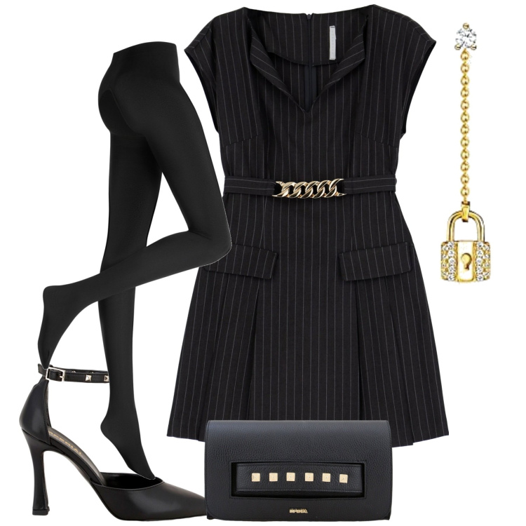 Outfit donna - Abitino grigio scuro. Stile Casual chic per Tutti i giorni. Abbinamento con collant, vestiti corti, décolleté, pochette, orecchini.