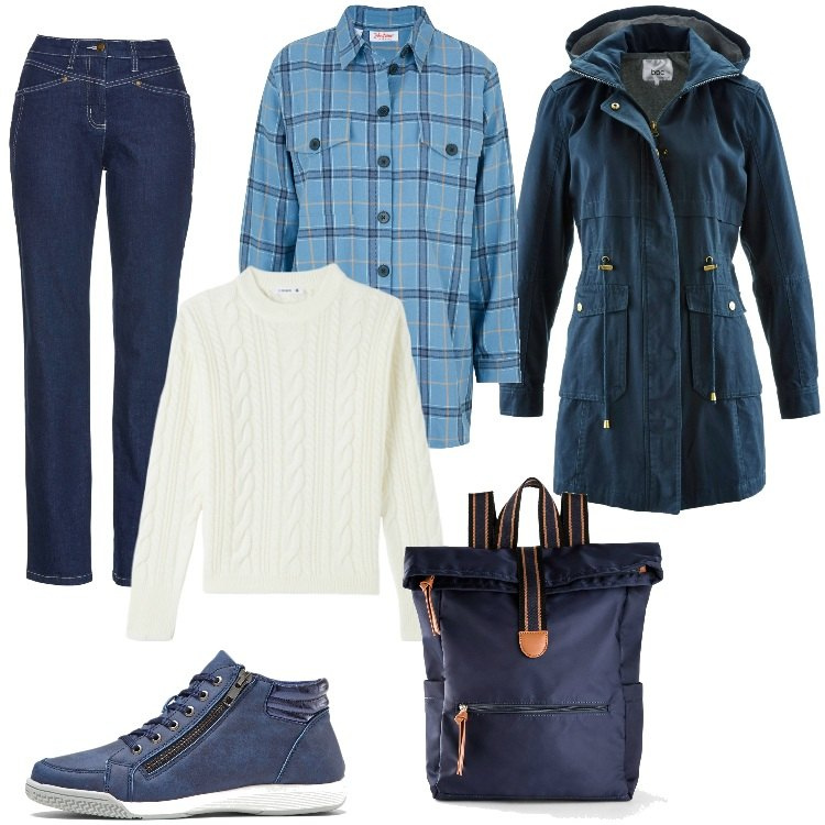 Outfit donna - in blu. Stile Casual per Tutti i giorni. Abbinamento con zaini, sneakers alte, camicie, parka, jeans dritti, maglieria.