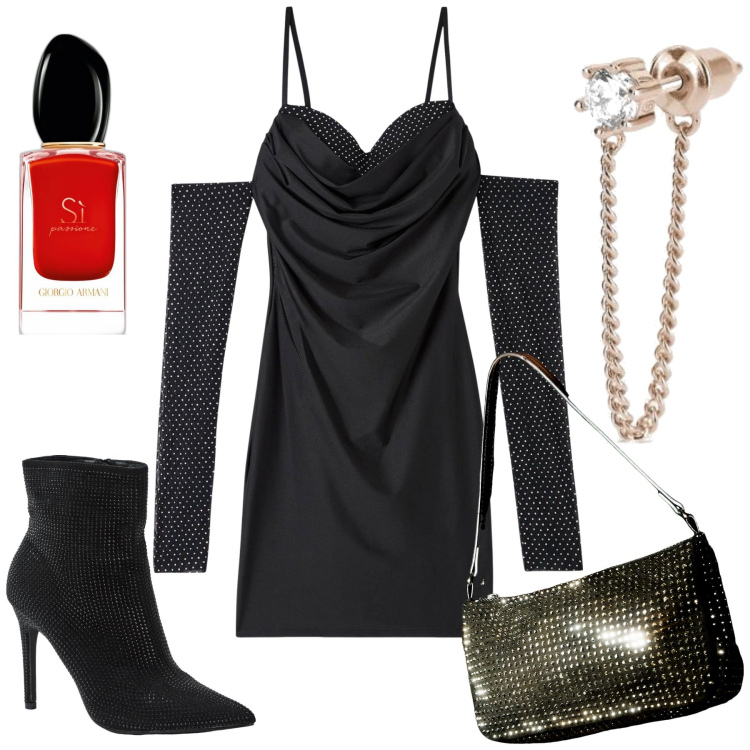 Outfit donna - Aria di festa. Stile Glamour per Serata fuori. Abbinamento con profumi, vestiti, stivaletti, borse a spalla, orecchini.