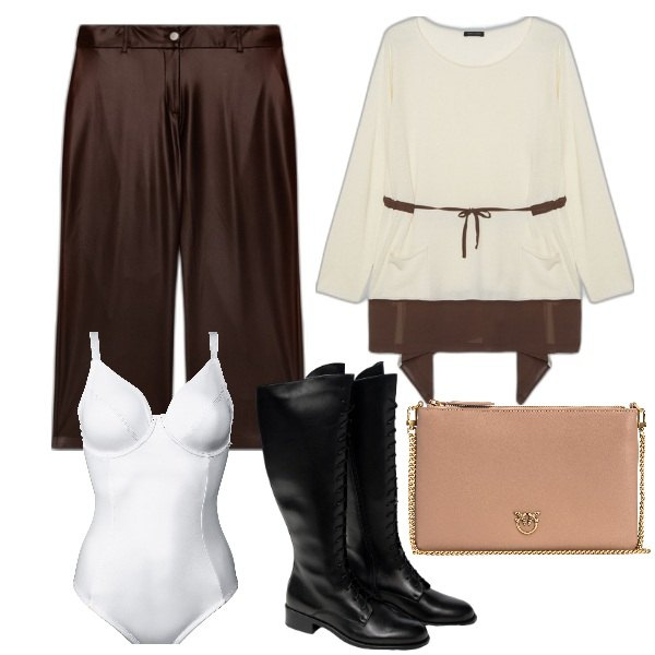 Outfit donna - Panta gonna curvy. Stile Trendy per Ufficio. Abbinamento con body, borse a tracolla, maglieria, pantaloni, stivali sopra il ginocchio.