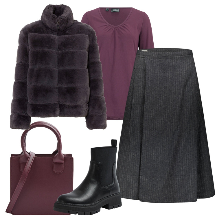 Outfit donna - City. Stile Casual chic per Tutti i giorni. Abbinamento con maglieria, ecopellicce, stivali sopra il ginocchio, shopping bag, gonne lunghe.