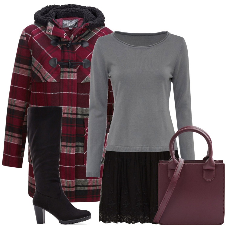 Outfit donna - A vita bassa. Stile Bon Ton per Ufficio. Abbinamento con stivali, montgomery, vestiti, shopping bag.