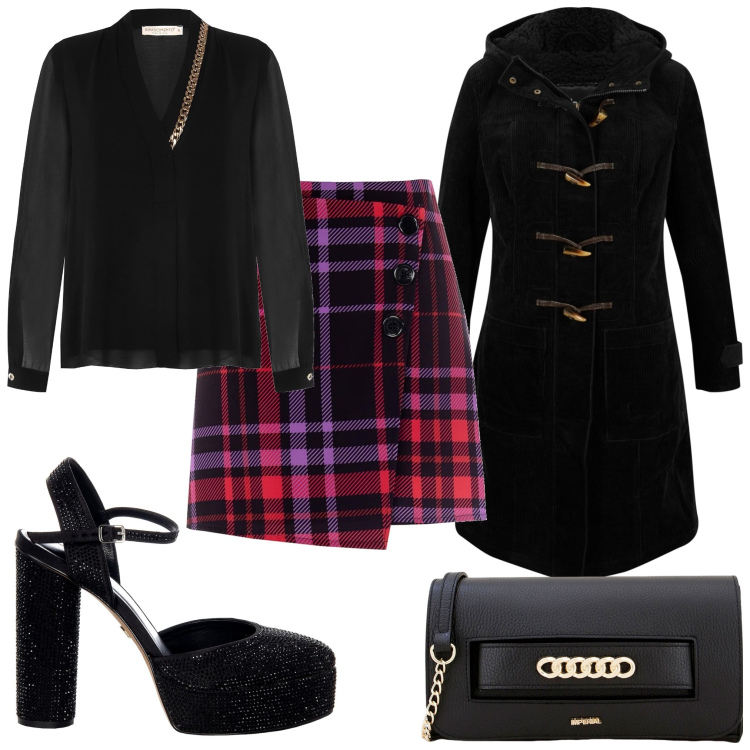 Outfit donna - Total look #1771872. Stile Glamour per Serata fuori. Abbinamento con montgomery, minigonne, bluse, scarpe col tacco, pochette.