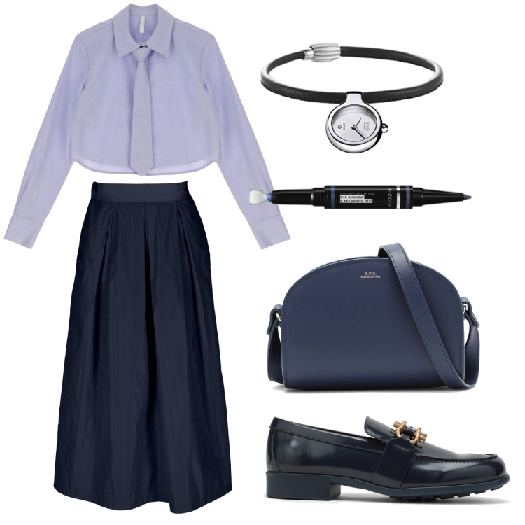 Outfit donna - Très chic. Stile Chic per Tutti i giorni. Abbinamento con ombretti, camicie, gonne, mocassini, orologi, borse a tracolla.