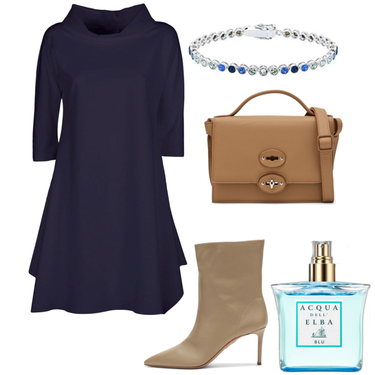 Outfit donna - Abito svasato. Stile Vintage retrò per Serata fuori. Abbinamento con profumi, vestiti, stivaletti, braccialetti, borse a mano.
