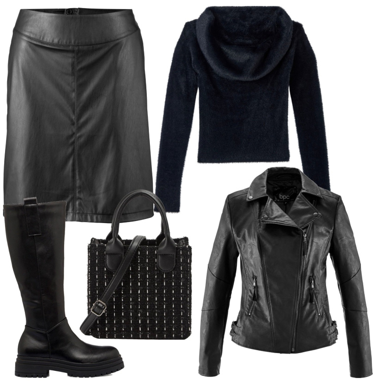 Outfit donna - Gonna a campana. Stile Rock per Serata fuori. Abbinamento con blazer, gonne, maglieria, shopping bag, stivali.