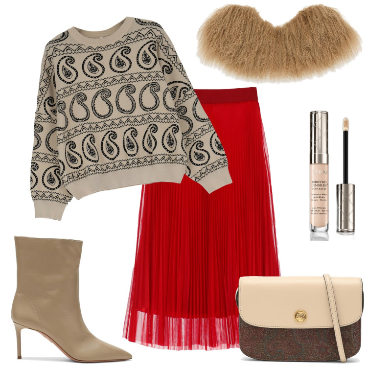 Outfit donna - La gonna rossa. Stile Casual chic per Tutti i giorni. Abbinamento con correttori, maglieria, gonne longuette, stivaletti, borse a tracolla, sciarpe.