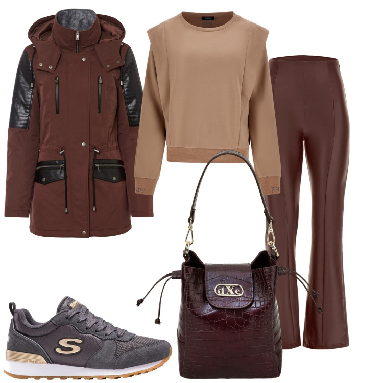 Outfit donna - Vado a fare la spesa. Stile Urban per Tutti i giorni. Abbinamento con sneakers, parka, pantaloni, maglieria, borse a secchiello.