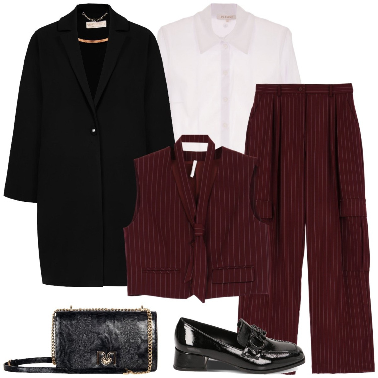 Outfit donna - Total look #1771958. Stile Mannish per Tutti i giorni. Abbinamento con camicie, borse a tracolla, cappotti, pantaloni a palazzo, gilet, mocassini.