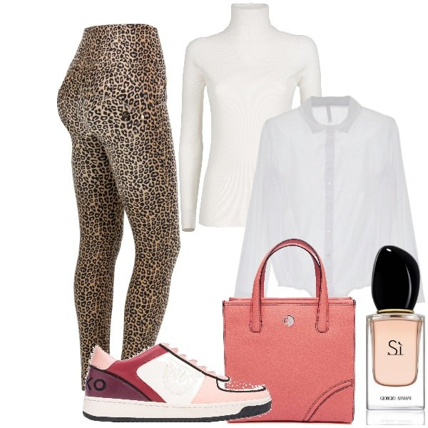 Outfit donna - Il body camicia. Stile Sporty chic per Tutti i giorni. Abbinamento con profumi, sneakers, body, jeans skinny, maglieria, shopping bag.