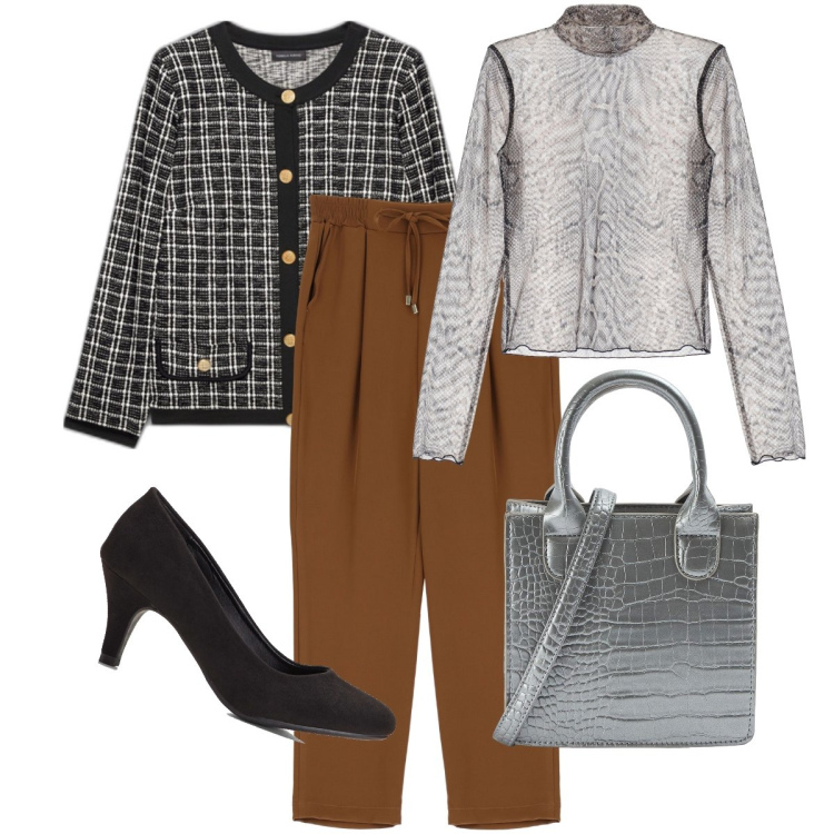 Outfit donna - Ad una cena elegante. Stile Bon Ton per Serata fuori. Abbinamento con décolleté, shopping bag, maglieria, pantaloni, cappotti.