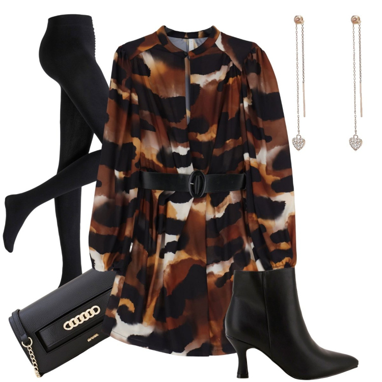 Outfit donna - Un abito grazioso. Stile Bon Ton per Serata fuori. Abbinamento con collant, orecchini, vestiti corti, pochette, stivaletti.