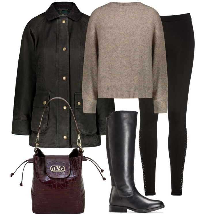 Outfit donna - Classy. Stile Casual chic per Tutti i giorni. Abbinamento con stivali, leggings, borse a secchiello, maglieria, blazer.