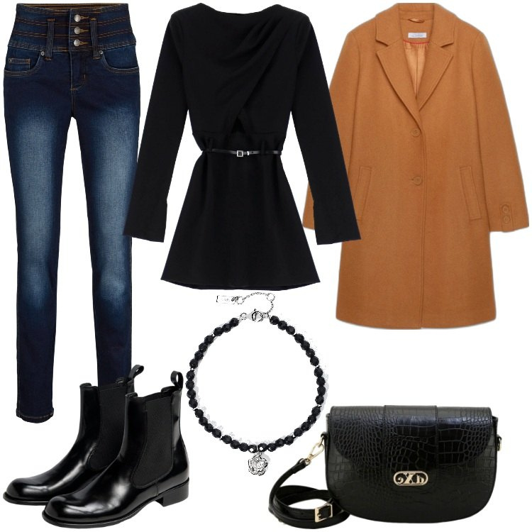 Outfit donna - la maglia con la cintura. Stile Casual per Tutti i giorni. Abbinamento con jeans, cappotti, braccialetti, vestiti corti, pochette, stivaletti chelsea.
