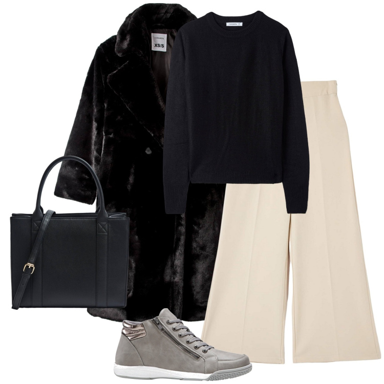 Outfit donna - Caldo basic. Stile Minimal per Tutti i giorni. Abbinamento con sneakers alte, maglieria, pantaloni, ecopellicce, shopping bag.
