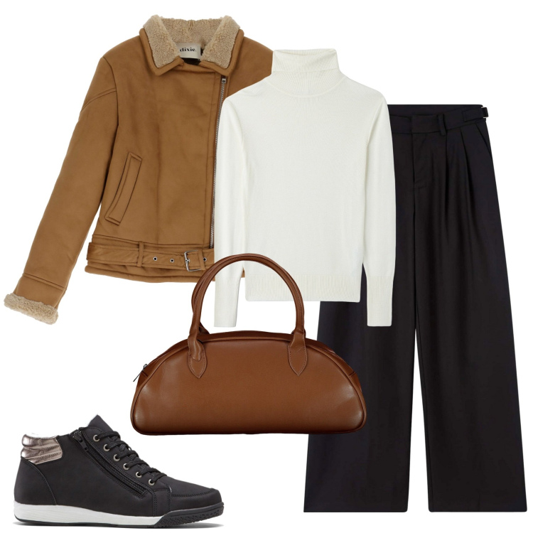 Outfit donna - Caldo basic. Stile Basic per Tutti i giorni. Abbinamento con sneakers alte, pantaloni, maglieria, cappotti, borse a spalla.
