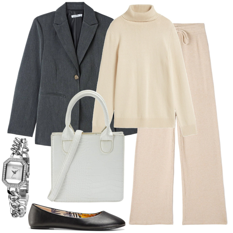 Outfit donna - Classy. Stile Chic per Tutti i giorni. Abbinamento con ballerine, maglieria, pantaloni, shopping bag, cappotti, orologi.