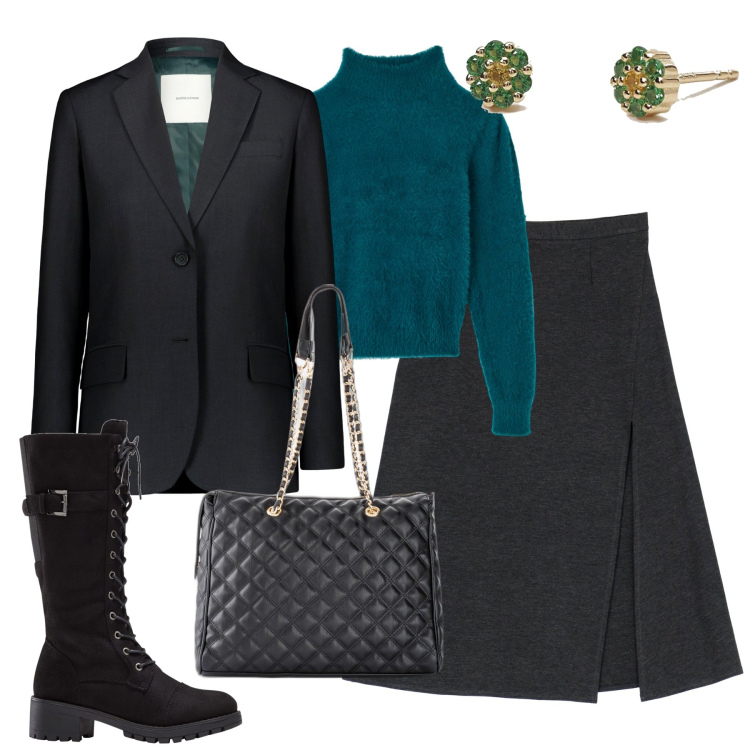 Outfit donna - City. Stile Casual chic per Tutti i giorni. Abbinamento con shopping bag, stivali, maglieria, orecchini, gonne longuette, blazer.