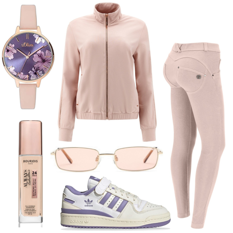 Outfit donna - Romantica sport. Stile Romantica per Sport. Abbinamento con fondotinta, pantaloni skinny, felpe, sneakers, orologi analogici, occhiali da sole.