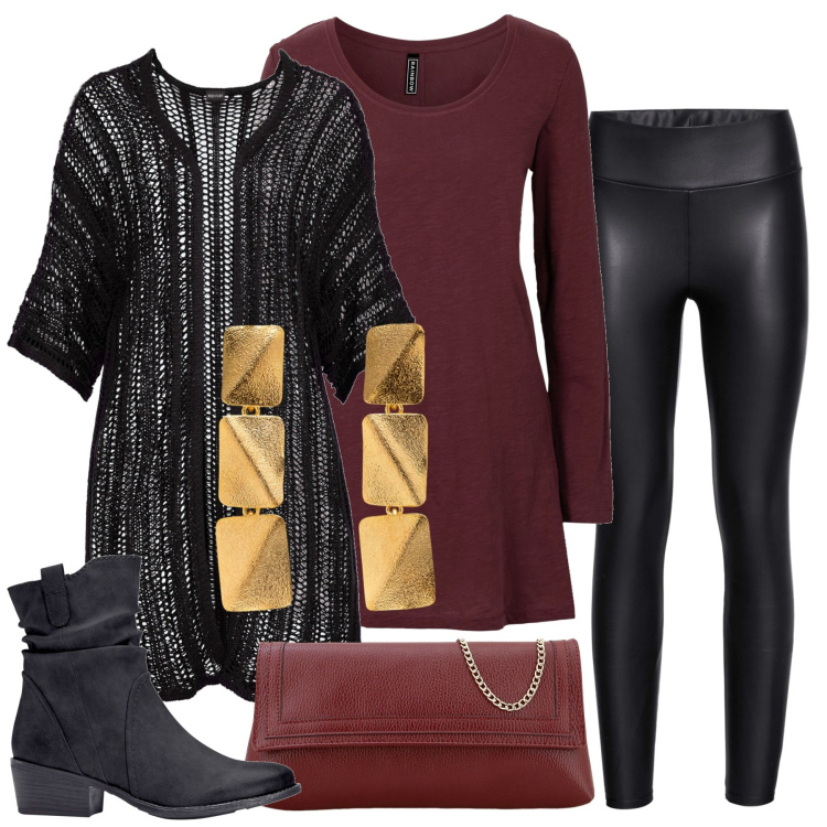 Outfit donna - Il cardigan a rete. Stile Urban per Serata fuori. Abbinamento con maglieria, leggings, cardigans, stivaletti texani, pochette, orecchini.