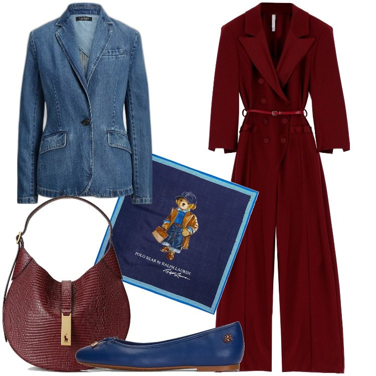 Outfit donna - Come si abbina il colore bordeaux?. Stile Casual chic per Ufficio. Abbinamento con tute, ballerine, blazer, borse a spalla, sciarpe.