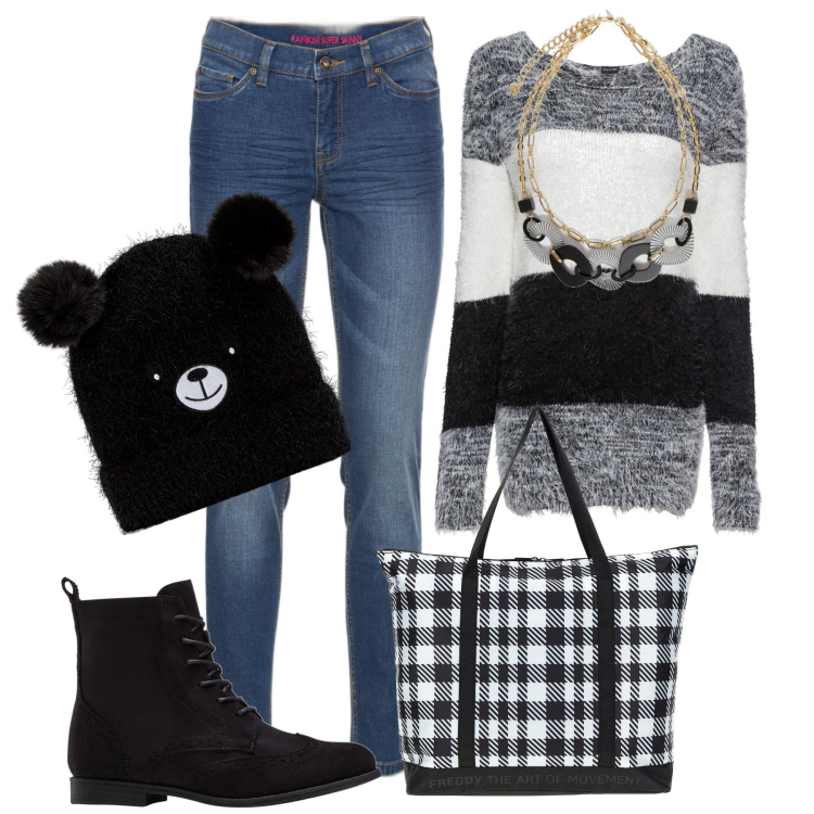Outfit donna - Bianco e nero happy time. Stile Casual chic per Tutti i giorni. Abbinamento con jeans skinny, maglieria, stivaletti, berretti, borse tote, collane.