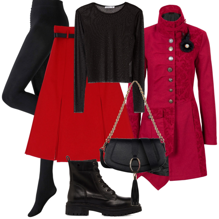 Outfit donna - Natale alle porte. Stile Bon Ton per Serata fuori. Abbinamento con collant, cappotti, t-shirt, borse a spalla, gonne longuette, anfibi.