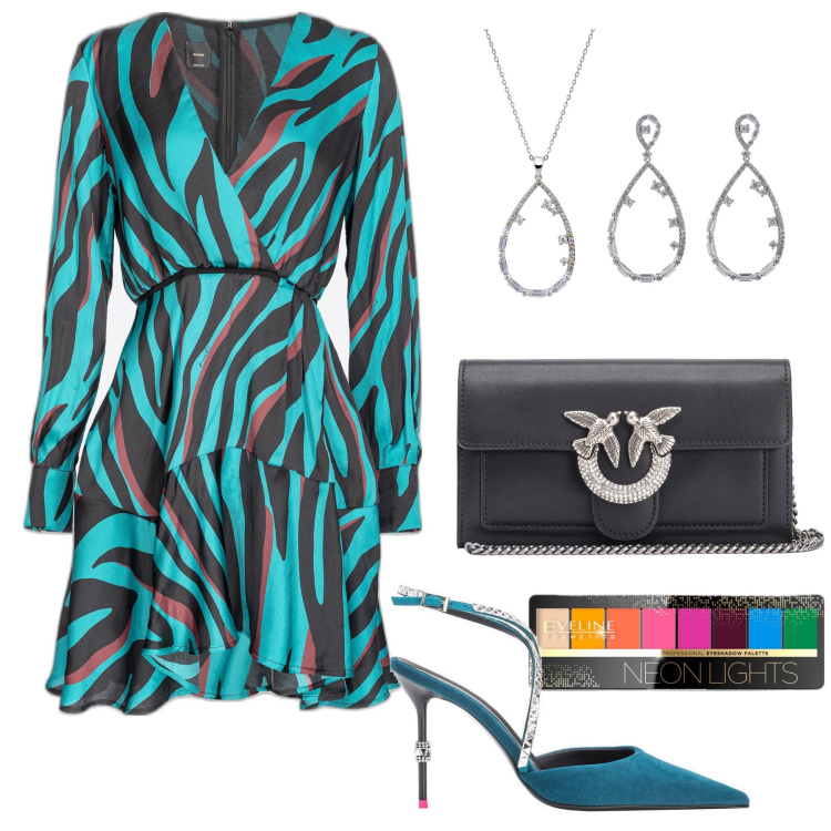 Outfit donna - Abito corto Pinko. Stile Glamour per Serata fuori. Abbinamento con ombretti, vestiti corti, portafogli, scarpe col tacco, collane.