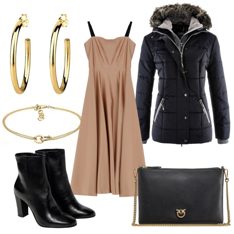 Outfit donna - Beige e nero. Stile Casual chic per Serata fuori. Abbinamento con piumini, borse a tracolla, vestiti midi/longuette, stivaletti, orecchini, braccialetti.