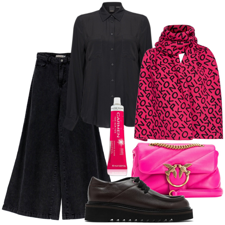 Outfit donna - La sciarpa col logo. Stile Urban per Tutti i giorni. Abbinamento con gloss, pantaloni a palazzo, sciarpe, camicie, borse a tracolla, scarpe stringate.