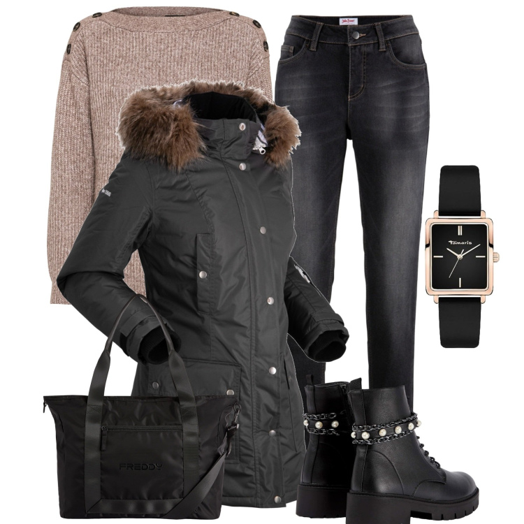 Outfit donna - Outdoor. Stile Basic per Tutti i giorni. Abbinamento con maglieria, cappotti, jeans boyfriend, anfibi, borse tote, orologi analogici.